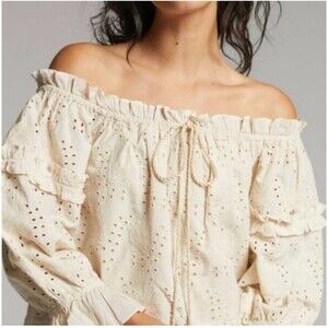 Anthropologie Seen Worn Kept 6 Jane Cream Eyelet Lace Off Shoulder Blouse Top
